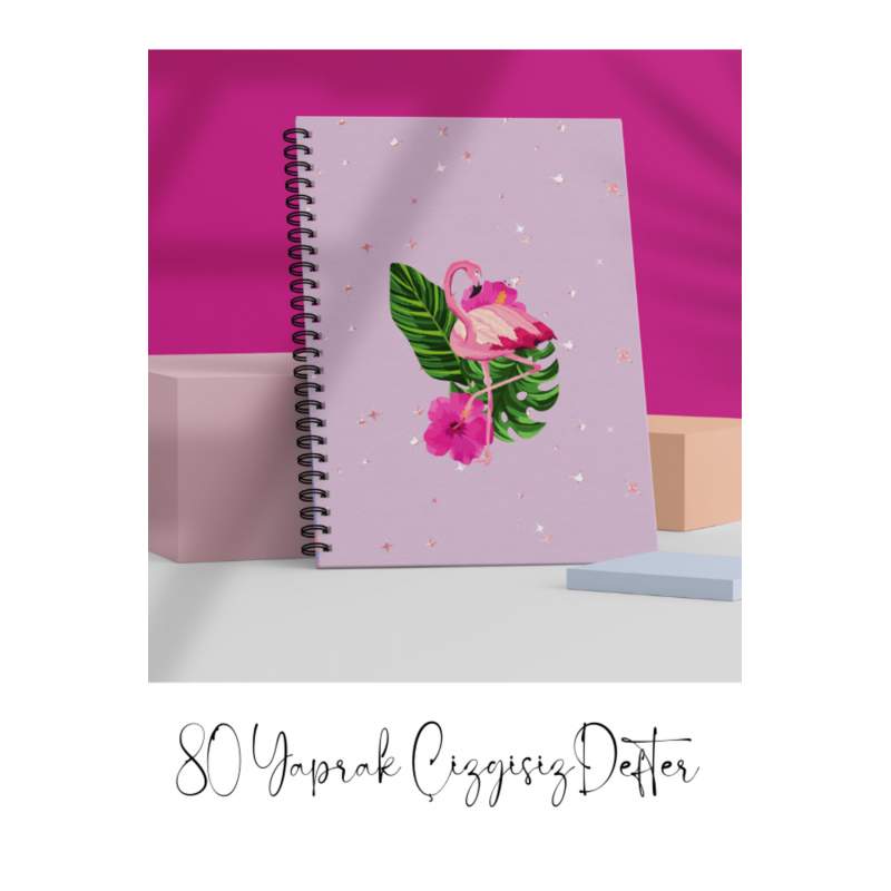 A5 Spiralli Defter (Flamingo-Çilek ) 80 Yaprak Çizgisiz - Dondurma Fosforlu Kalem 6'lı