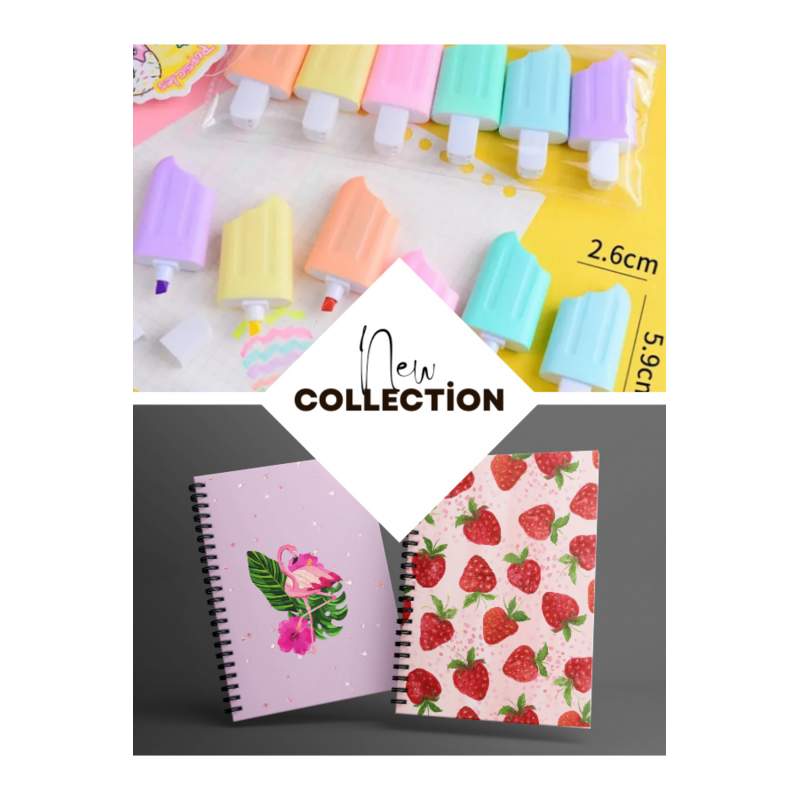 A5 Spiralli Defter (Flamingo-Çilek ) 80 Yaprak Çizgisiz - Dondurma Fosforlu Kalem 6'lı