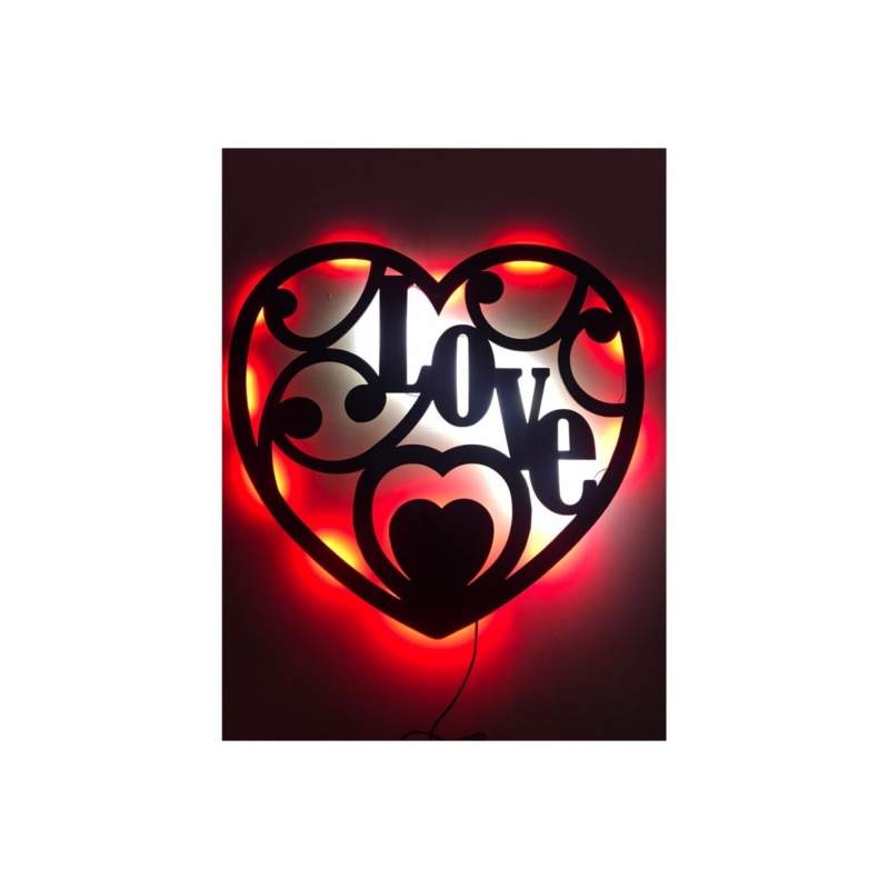 Love Kalp Dekoratif Led Işıklı Ahşap Tablo