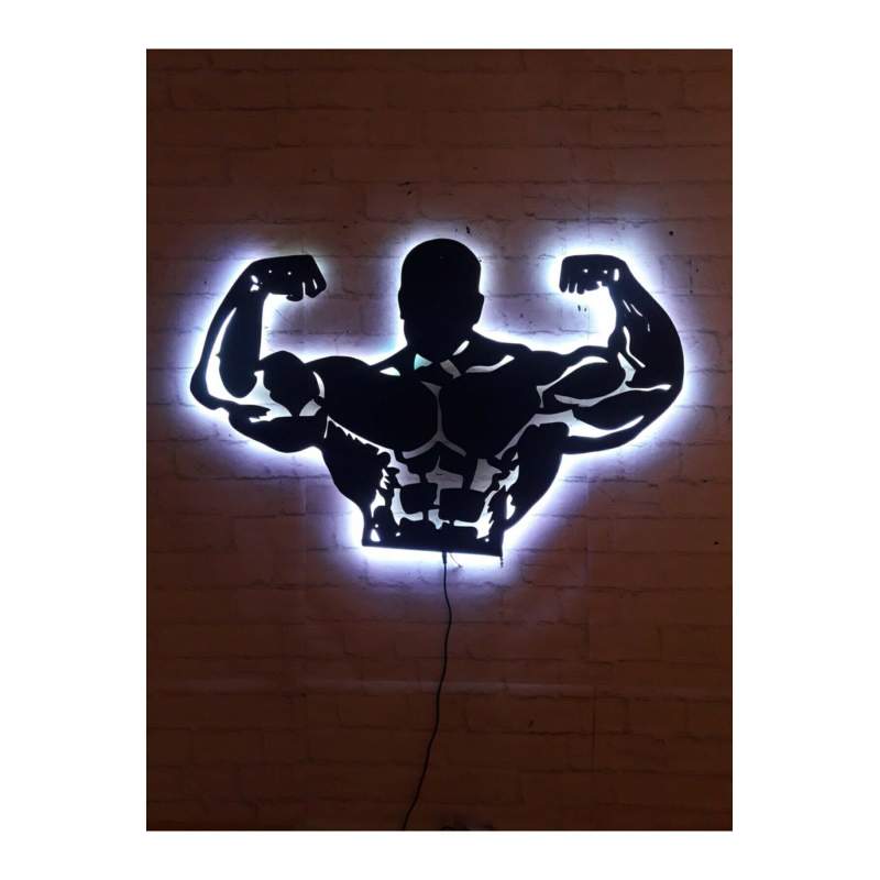 Fıtness Gym Kas Adam Rgb Led Işıklı Ahşap Mdf Dekoratif Tablo