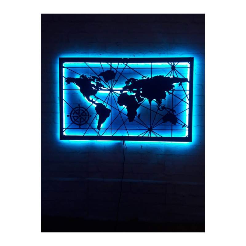Dünya Haritası Rgb Led Işıklı Ahşap Mdf Dekoratif Tablo
