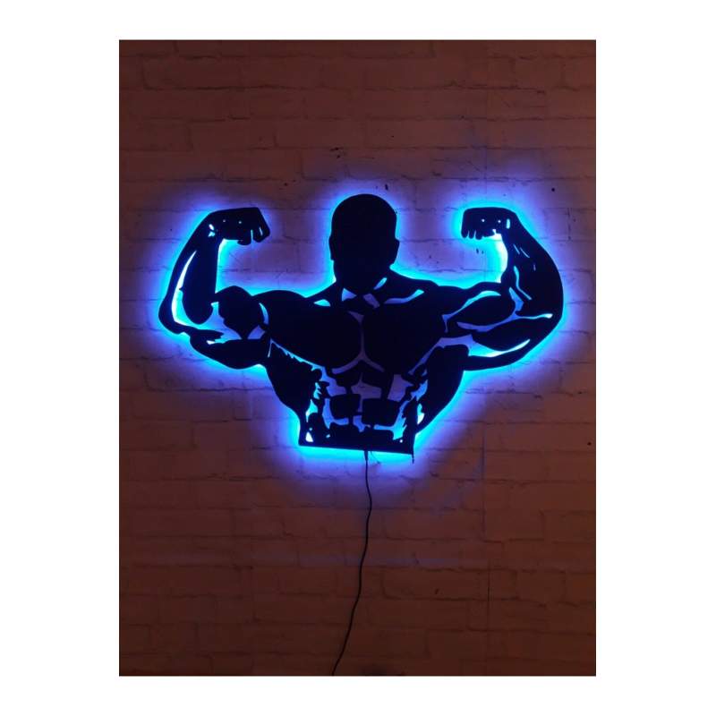 Fıtness Gym Kas Adam Rgb Led Işıklı Ahşap Mdf Dekoratif Tablo