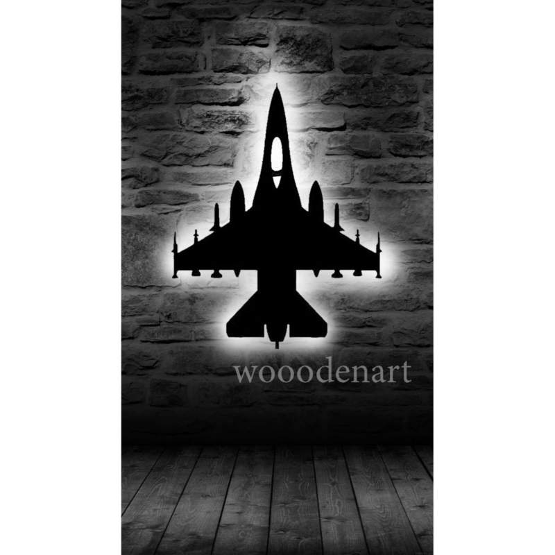 Ledli Dekoratif F16 Uçak Ahşap Duvar Tablosu