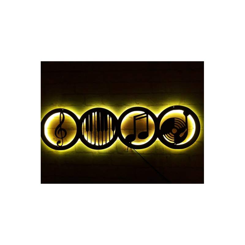 Rgb Kumandalı Müzik Seti 4'lü Led Işıklı Ahşap Mdf Dekoratif Tablo