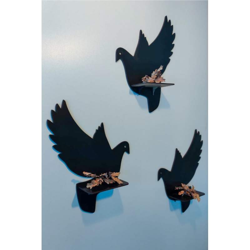 Ahşap 3'lü Güvercin Dekoratif Raf Seti Siyah