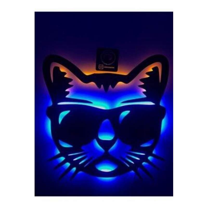 Kedi Figürlü Ahşap Led Işıklı Tablo-duvar Dekorasyonu